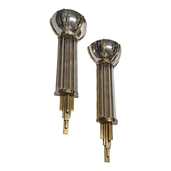Pair Vintage Art Deco Wall Sconces in Nickel Brass Lamp; Glass Rod Ship Light