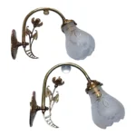 Pair Vintage Art Nouveau Wall Sconces in Brass & Frosted Glass Shade Ship Light