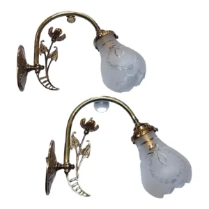 Pair Vintage Art Nouveau Wall Sconces in Brass & Frosted Glass Shade Ship Light