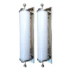 Pair Skyscraper Vintage Art Deco Wall Sconces in Nickel Brass & Milk Glass Tube Ship Light