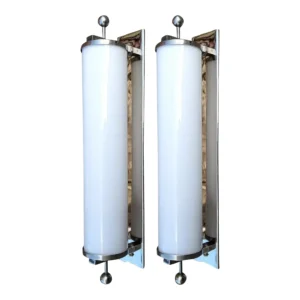 Pair Skyscraper Vintage Art Deco Wall Sconces in Nickel Brass & Milk Glass Tube Ship Light