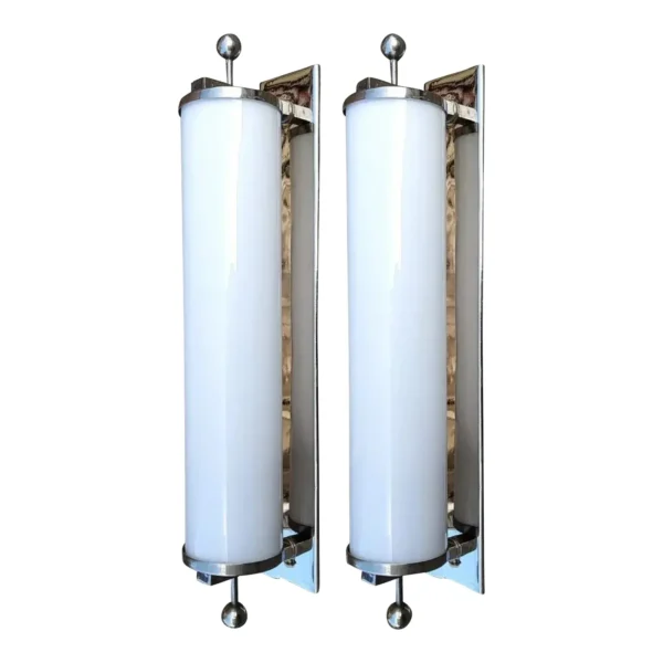 Pair Skyscraper Vintage Art Deco Wall Sconces in Nickel Brass & Milk Glass Tube Ship Light
