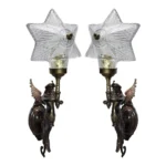 Pair Vintage Art Nouveau Deco Mermaid Wall Sconces in Brass & Star Glass Light