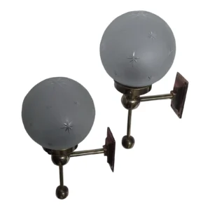 Pair Vintage Art Deco Wall Sconces Fixture Brass & Star Glass Shade Ship Light