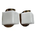 Pair Vintage Art Deco Wall Sconces Fixture Brass & Cube Milk Glass Shade