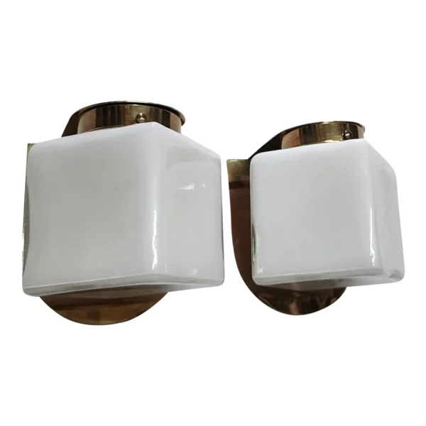 Pair Vintage Art Deco Wall Sconces Fixture Brass & Cube Milk Glass Shade