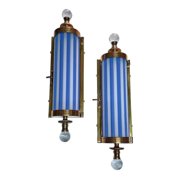 Pair of Vintage Art Deco Brass & Milk Blue Glass Rod Wall Sconces Metro Light