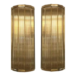 Pair of Vintage Art Deco Wall Sconces, Brass & Glass Rod Ship Light