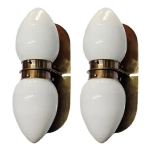 Pair of Vintage Art Deco Wall Sconces Fixture Brass & Milk Glass Shade Lamp Ship Light