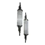Pair Skyscraper Vintage Art Deco Wall Sconces in Nickel Brass & Milk Clear Glass Rod Ship Light