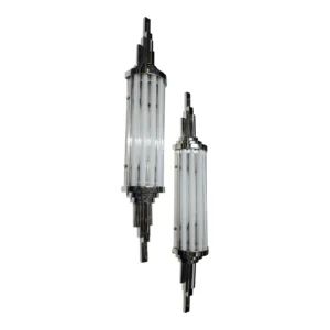 Pair Skyscraper Vintage Art Deco Wall Sconces in Nickel Brass & Milk Clear Glass Rod Ship Light