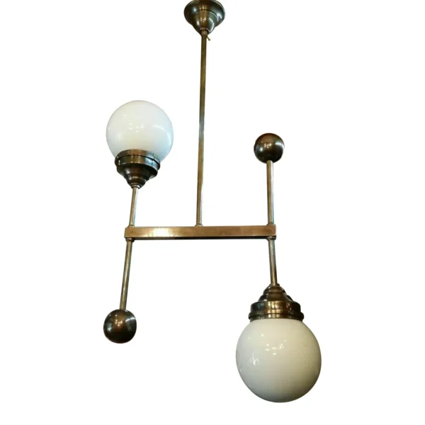 Art Deco Bauhaus Brass Hanging Light with Milk Glass Shades