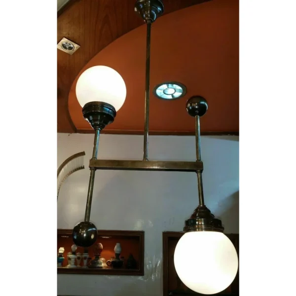 Art Deco Bauhaus Brass Hanging Light with Milk Glass Shades