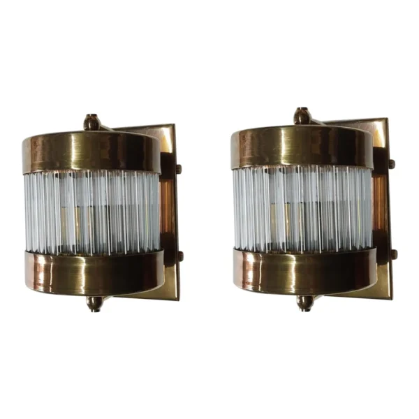 Art Deco Brass & Clear Glass Rod Wall Sconces – Set of 2