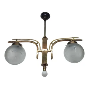 Art Deco Brass & Frosted Star Glass Shade Hanging Chandelier