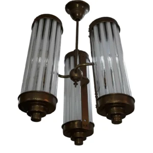 Art Deco Brass & Milk Glass Rod Ship Light Chandelier