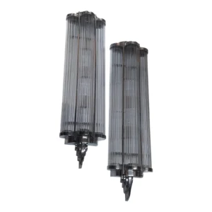 Large Size Pair Vintage Art Deco Skyscraper Wall Sconces Fixture in Nickel Brass & Glass Rod Ship Light