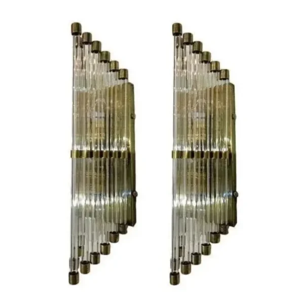 Pair Skyscraper Art Deco Lamp Wall Sconces Fixtures in Brass & Glass Rod Ship Light