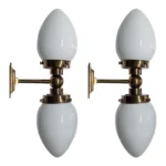 Pair Vintage Art Deco Light Old Lamp Wall Sconces Fixture Brass & Milk Glass Shade Ship Light