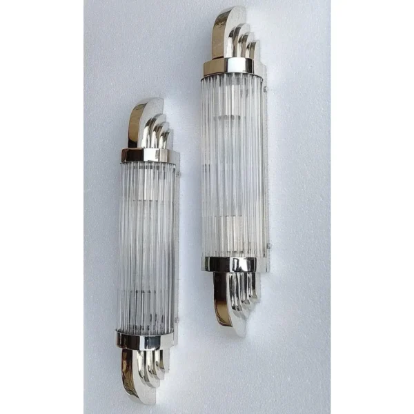 Skyscraper Art Deco Nickel Brass & Glass Wall Sconces – a Pair