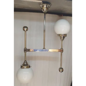 Vintage Art Deco Bauhaus Old Fixture Ceiling Nickel Brass Hanging Light Milk Glass Shade Lamp