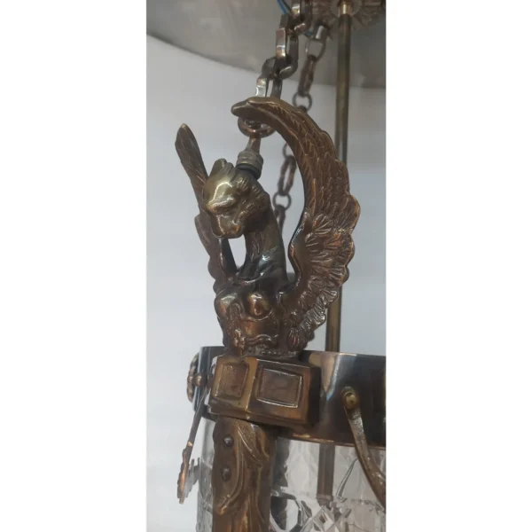Vintage Art Deco Nouveau Hobnail Cut Glass Brass Lion Mermaid Ceiling Hanging Pendant Lantern