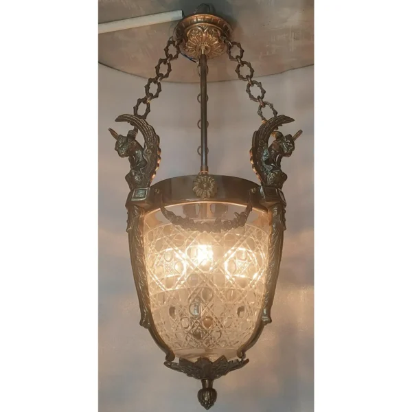 Vintage Art Deco Nouveau Hobnail Cut Glass Brass Lion Mermaid Ceiling Hanging Pendant Lantern