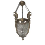 Vintage Art Deco Nouveau Hobnail Cut Glass Brass Lion Mermaid Ceiling Hanging Pendant Lantern