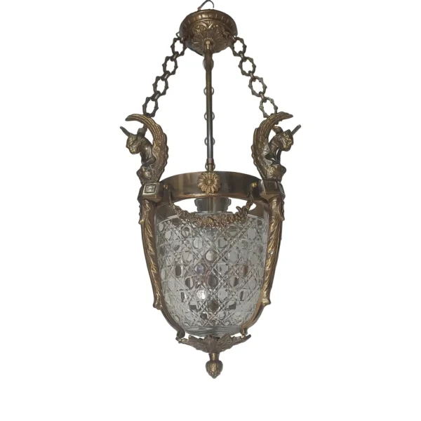 Vintage Art Deco Nouveau Hobnail Cut Glass Brass Lion Mermaid Ceiling Hanging Pendant Lantern