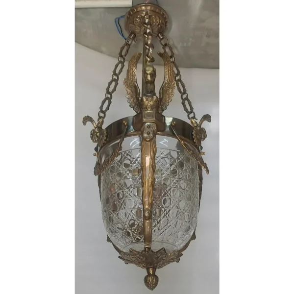 Vintage Art Deco Nouveau Hobnail Cut Glass Brass Lion Mermaid Ceiling Hanging Pendant Lantern