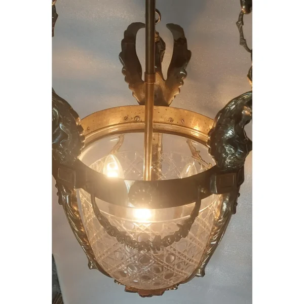 Vintage Art Deco Nouveau Hobnail Cut Glass Brass Lion Mermaid Ceiling Hanging Pendant Lantern