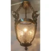 Vintage Art Deco Nouveau Hobnail Cut Glass Brass Lion Mermaid Ceiling Hanging Pendant Lantern