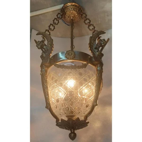 Vintage Art Deco Nouveau Hobnail Cut Glass Brass Lion Mermaid Ceiling Hanging Pendant Lantern