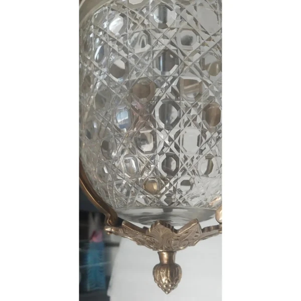 Vintage Art Deco Nouveau Hobnail Cut Glass Brass Lion Mermaid Ceiling Hanging Pendant Lantern