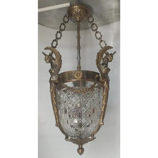Vintage Art Deco Nouveau Hobnail Cut Glass Brass Lion Mermaid Ceiling Hanging Pendant Lantern