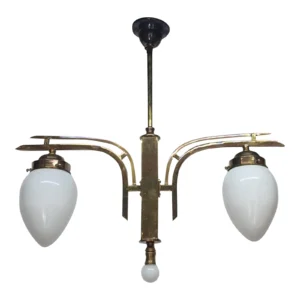 Vintage Art Deco Old Fixture Ceiling Brass Hanging Chandelier Light Milk Glass Shade Lamp