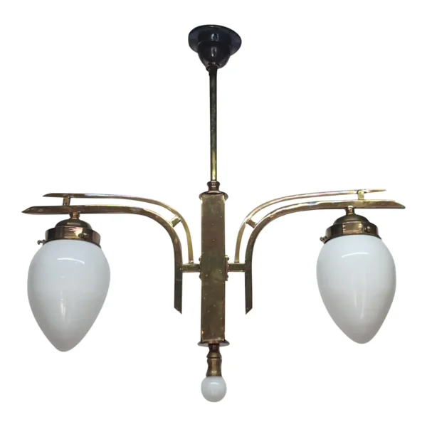 Vintage Art Deco Old Fixture Ceiling Brass Hanging Chandelier Light Milk Glass Shade Lamp