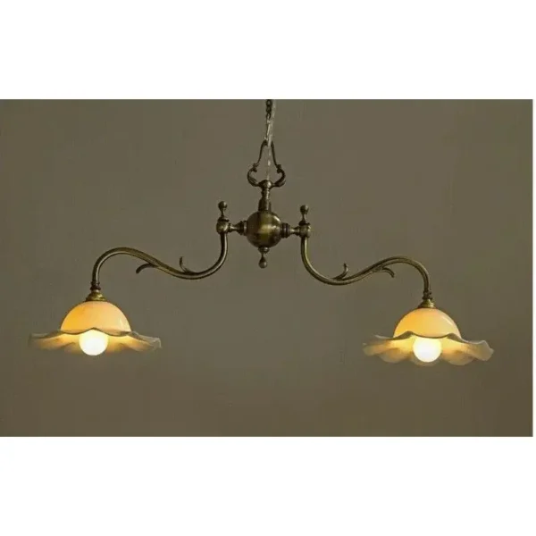 Vintage Art Nouveau Ceiling Hanging Fixture in Brass & Milk Glass Shade