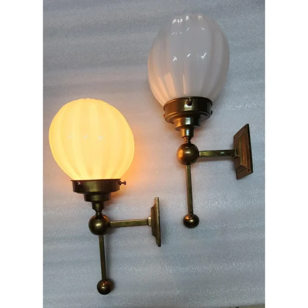 Pair Vintage Art Deco Wall Sconces in Brass & Ribbed Milk Glass Shade Ship Light