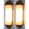 Pair Vintage Art Deco Skyscraper Wall Sconces Fixture Brass Lamp; Frosted Ribbed Glass Rod Ship Light