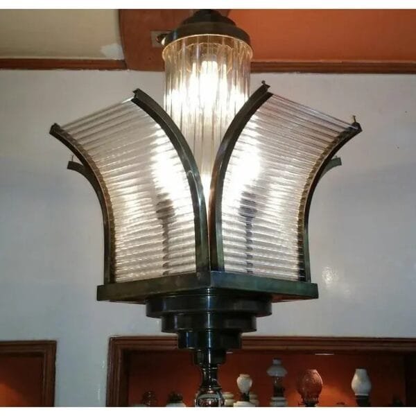 Vintage Art Deco Skyscraper Rod Ship Chandelier Fixture in Brass & Glass