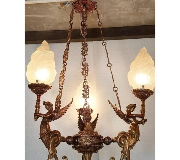 Vintage Art Deco Nouveau Mermaid Chandelier in Brass & Glass