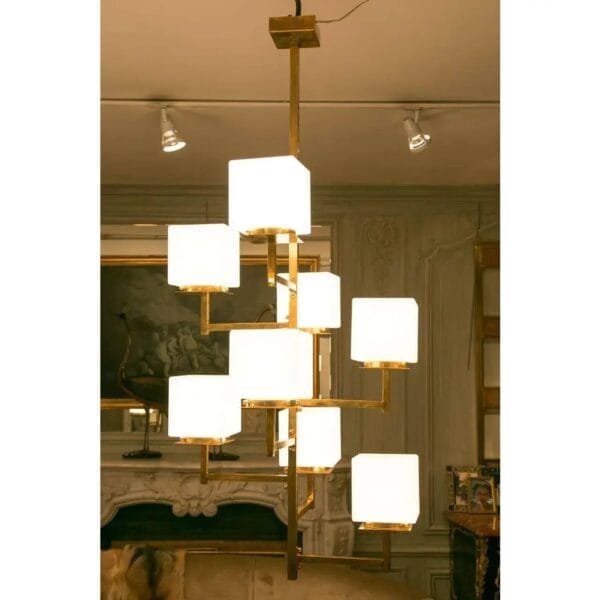 Vintage Art Deco Brass Chandelier 8 Light Cubic Shape Milk Glass Shades