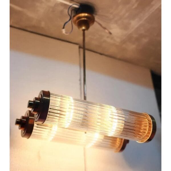 Vintage Art Deco Hanging Chandelier in Brass & Glass Rod Ship Light
