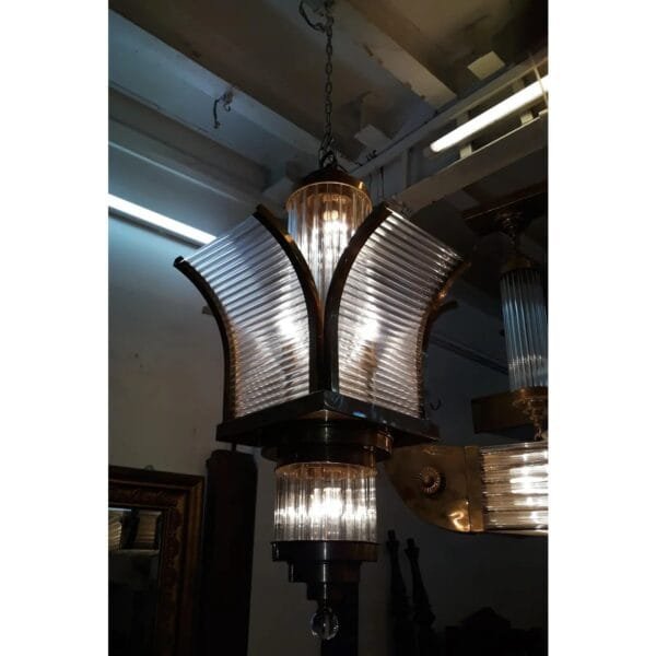 Vintage Large Size Skyscraper Art Deco Hanging Chandelier Fixture in Brass & Glass Rod Ship 8 Light