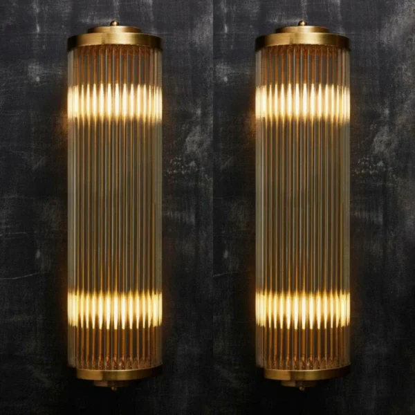 Vintage Art Deco Skyscraper Rod Ship Light Wall Sconces Fixture in Brass & Glass – a Pair