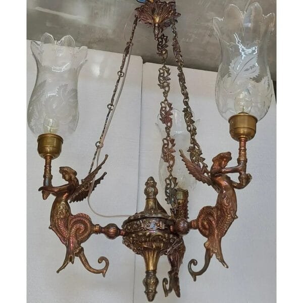 Vintage Victorian Cut Glass Art Deco Nouveau Mermaid Hanging Chandelier in Brass & Cut Glass