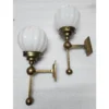 Pair Vintage Art Deco Wall Sconces in Brass & Ribbed Milk Glass Shade Ship Light