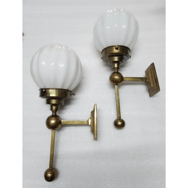 Pair Vintage Art Deco Wall Sconces in Brass & Ribbed Milk Glass Shade Ship Light