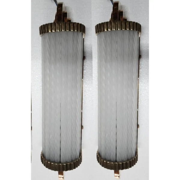 Pair Vintage Art Deco Skyscraper Wall Sconces Fixture Brass Lamp; Frosted Ribbed Glass Rod Ship Light